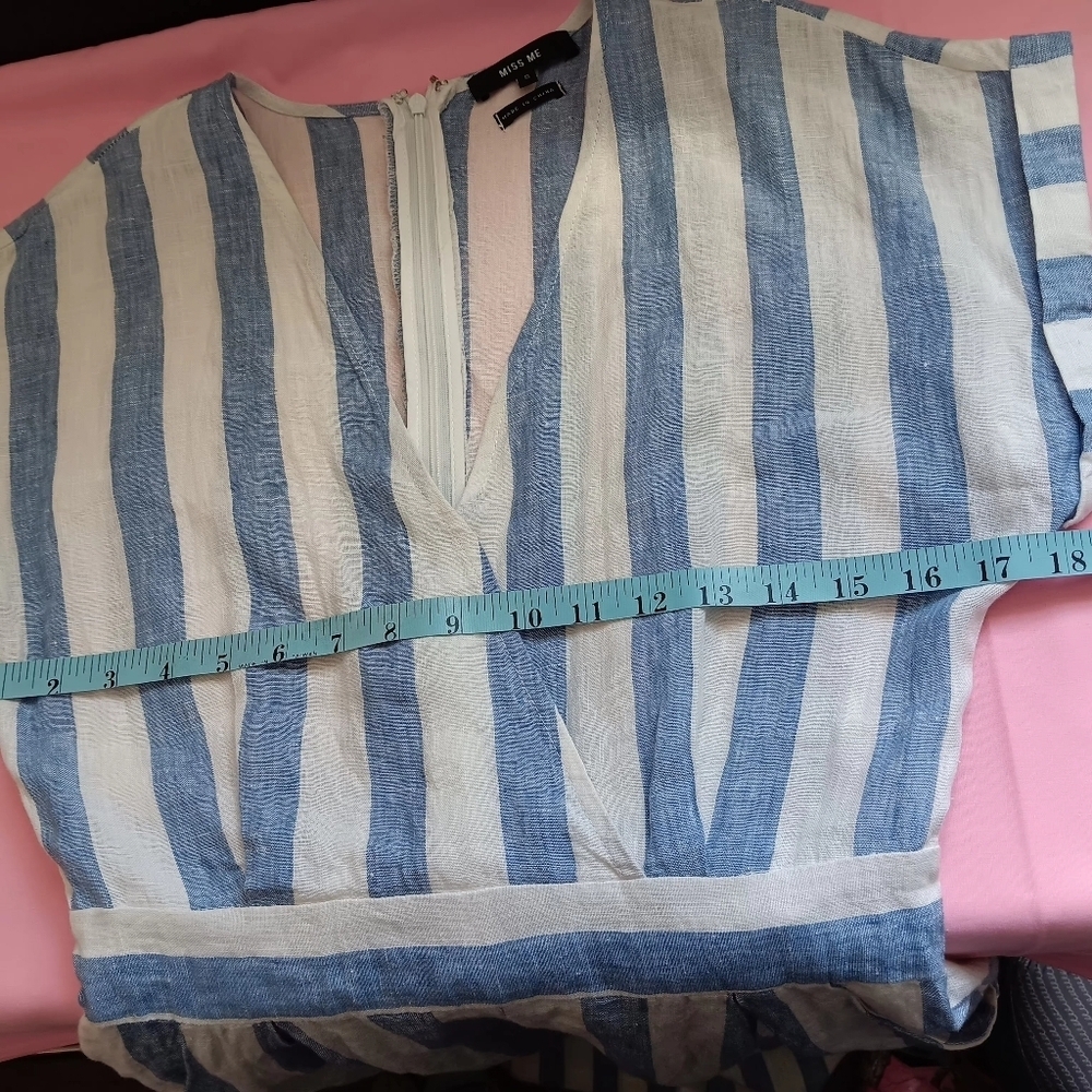 Miss Me jumpsuit Striped Linen White Blue pockets Summer Beach Vacation sz S - Picture 10 of 16
